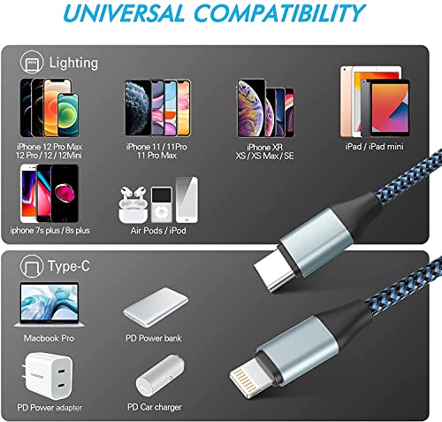 Sundix USB C כבל ברק, כבל iPhone 3 פאק [MFI מוסמך], מהיר USB C טוען כבל קלוע תואם לאייפון 14/13/13promax/12/11xs ועוד